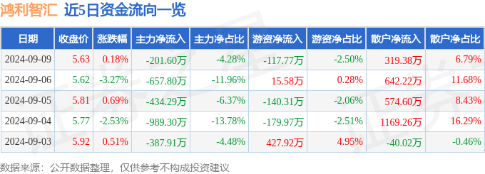 股票行情快报：鸿利智汇（300219）9月9日主力资金净卖出20160万元(图1)